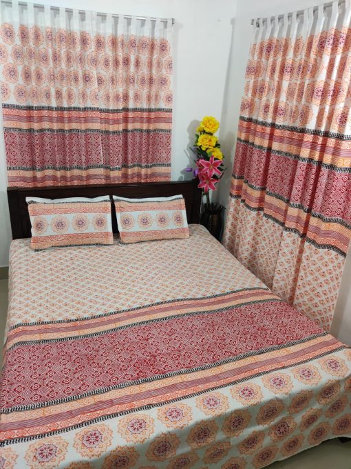 Handblock Pure Cotton Combo Bedroom Set ( 1 Pcs Bedsheet + 4 Pcs Curtains + 2 Pcs Pillow cover + 1 Pcs Kolbalis cover) 103