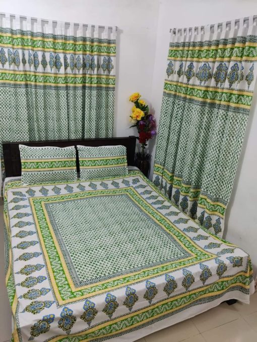 Handblock Pure Cotton Combo Bedroom Set ( 1 Pcs Bedsheet + 4 Pcs Curtains + 2 Pcs Pillow cover + 1 Pcs Kolbalis cover) 105