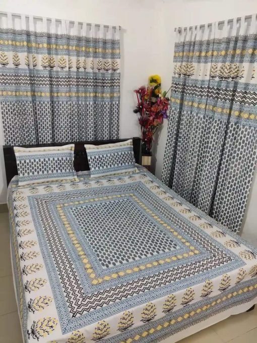 Handblock Pure Cotton Combo Bedroom Set ( 1 Pcs Bedsheet + 4 Pcs Curtains + 2 Pcs Pillow cover + 1 Pcs Kolbalis cover) 106