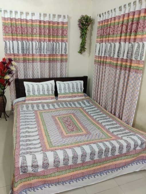 Handblock Pure Cotton Combo Bedroom Set ( 1 Pcs Bedsheet + 4 Pcs Curtains + 2 Pcs Pillow cover + 1 Pcs Kolbalis cover) 110