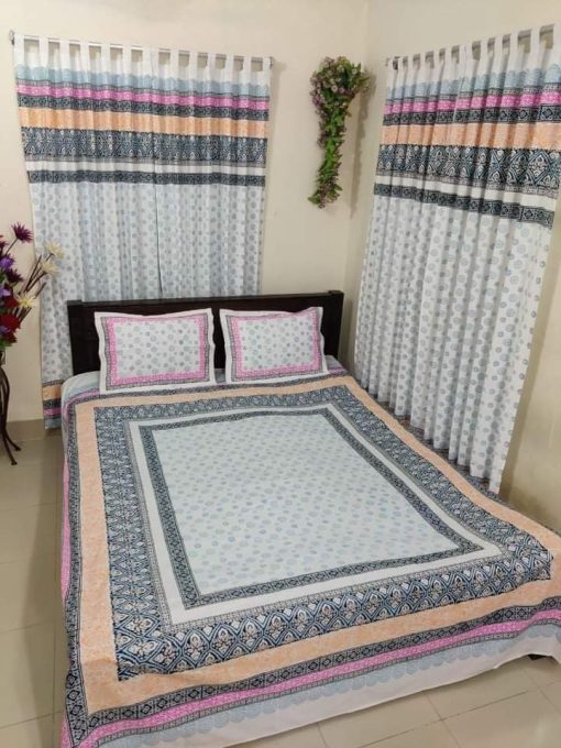 Handblock Pure Cotton Combo Bedroom Set ( 1 Pcs Bedsheet + 4 Pcs Curtains + 2 Pcs Pillow cover + 1 Pcs Kolbalis cover) 115