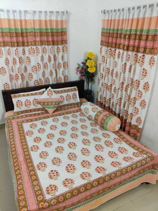 Handblock Pure Cotton Combo Bedroom Set ( 1 Pcs Bedsheet + 4 Pcs Curtains + 2 Pcs Pillow cover + 1 Pcs Kolbalis cover) 118