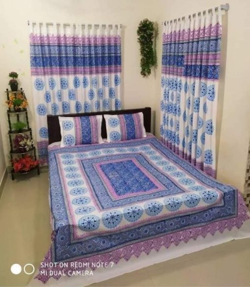 Handblock Pure Cotton Combo Bedroom Set ( 1 Pcs Bedsheet + 4 Pcs Curtains + 2 Pcs Pillow cover + 1 Pcs Kolbalis cover) 122