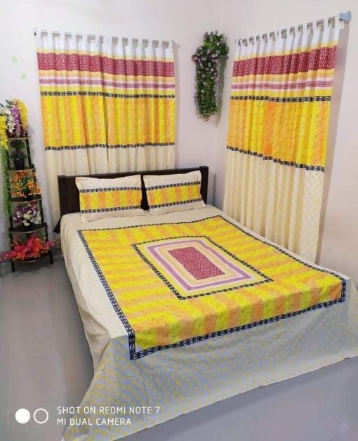 Handblock Pure Cotton Combo Bedroom Set ( 1 Pcs Bedsheet + 4 Pcs Curtains + 2 Pcs Pillow cover + 1 Pcs Kolbalis cover) 123