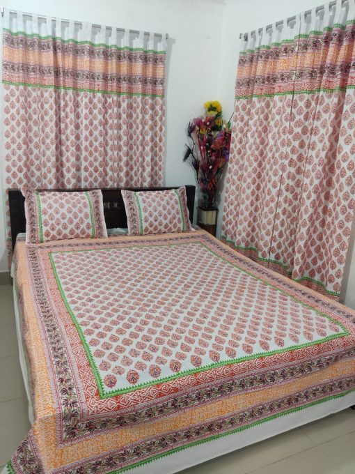 Handblock Pure Cotton Combo Bedroom Set ( 1 Pcs Bedsheet + 4 Pcs Curtains + 2 Pcs Pillow cover + 1 Pcs Kolbalis cover) 126