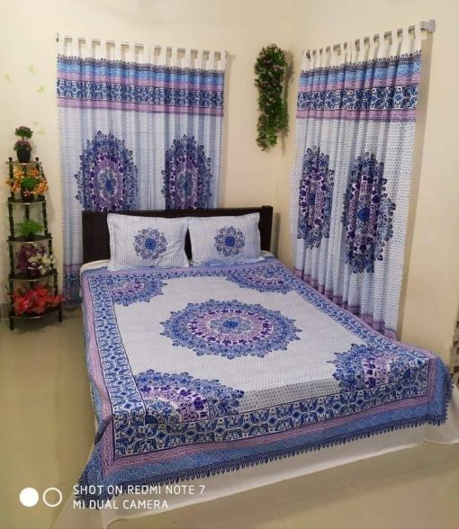 Handblock Pure Cotton Combo Bedroom Set ( 1 Pcs Bedsheet + 4 Pcs Curtains + 2 Pcs Pillow cover + 1 Pcs Kolbalis cover) 128