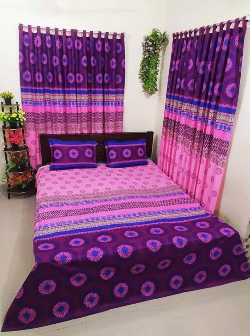 Handblock Pure Cotton Combo Bedroom Set ( 1 Pcs Bedsheet + 4 Pcs Curtains + 2 Pcs Pillow cover + 1 Pcs Kolbalis cover) 150