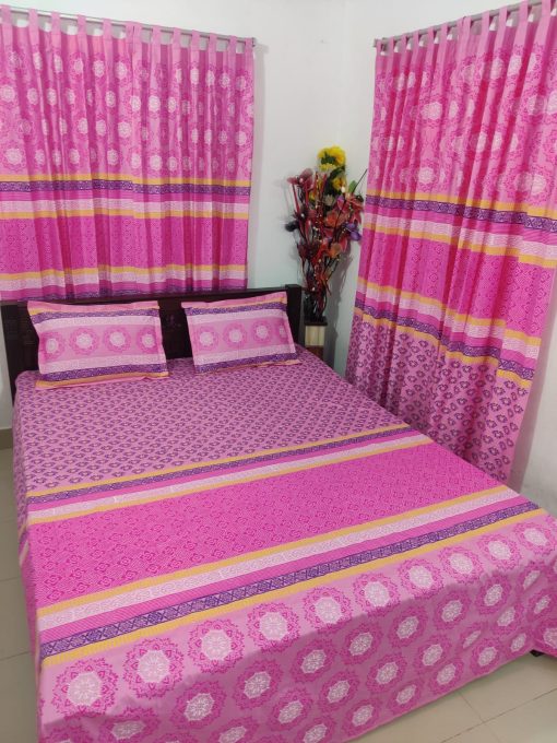 Handblock Pure Cotton Combo Bedroom Set ( 1 Pcs Bedsheet + 4 Pcs Curtains + 2 Pcs Pillow cover + 1 Pcs Kolbalis cover) 155