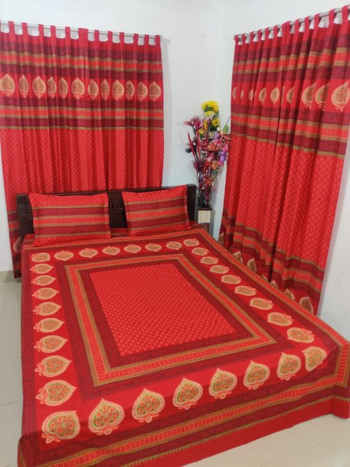 Handblock Pure Cotton Combo Bedroom Set ( 1 Pcs Bedsheet + 4 Pcs Curtains + 2 Pcs Pillow cover + 1 Pcs Kolbalis cover) 163