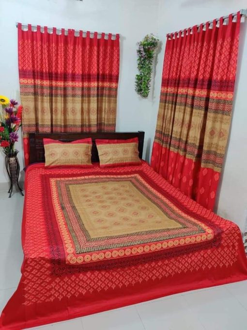 Handblock Pure Cotton Combo Bedroom Set ( 1 Pcs Bedsheet + 4 Pcs Curtains + 2 Pcs Pillow cover + 1 Pcs Kolbalis cover) 164