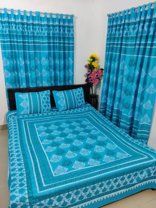 Handblock Pure Cotton Combo Bedroom Set ( 1 Pcs Bedsheet + 4 Pcs Curtains + 2 Pcs Pillow cover + 1 Pcs Kolbalis cover) 165