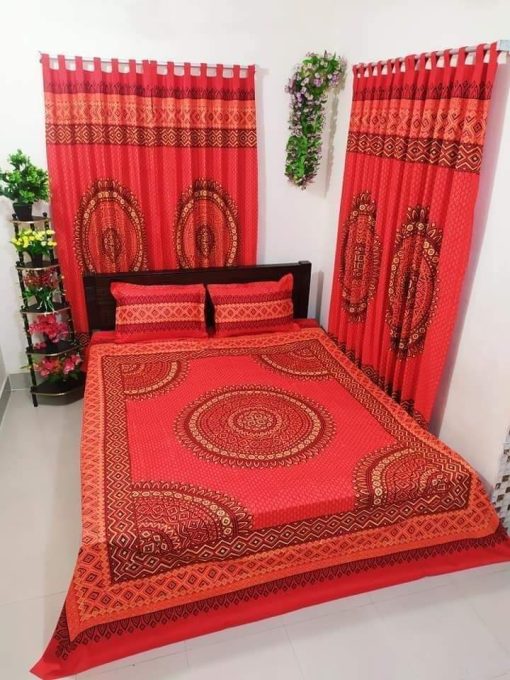 Handblock Pure Cotton Combo Bedroom Set ( 1 Pcs Bedsheet + 4 Pcs Curtains + 2 Pcs Pillow cover + 1 Pcs Kolbalis cover) 167