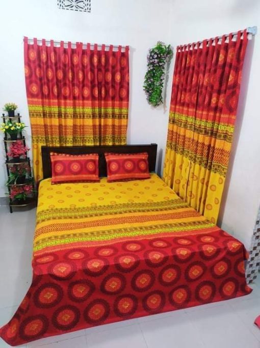 Handblock Pure Cotton Combo Bedroom Set ( 1 Pcs Bedsheet + 4 Pcs Curtains + 2 Pcs Pillow cover + 1 Pcs Kolbalis cover) 170