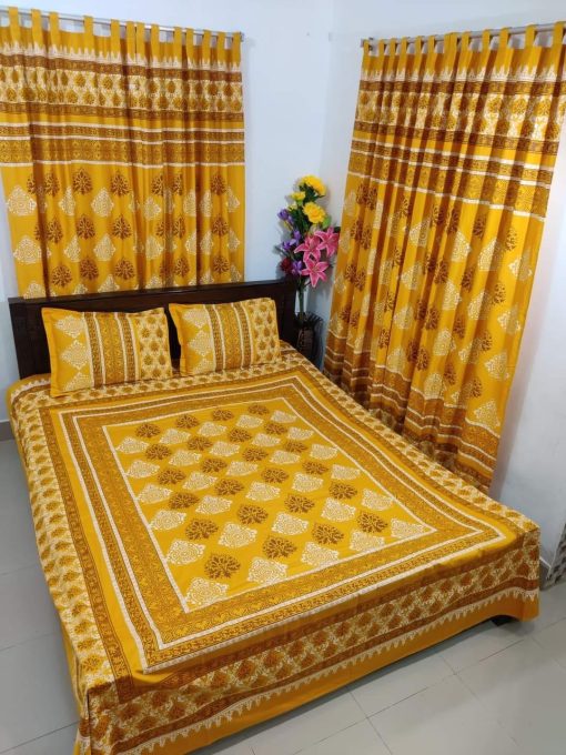 Handblock Pure Cotton Combo Bedroom Set ( 1 Pcs Bedsheet + 4 Pcs Curtains + 2 Pcs Pillow cover + 1 Pcs Kolbalis cover) 173