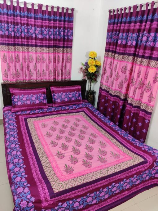 Handblock Pure Cotton Combo Bedroom Set ( 1 Pcs Bedsheet + 4 Pcs Curtains + 2 Pcs Pillow cover + 1 Pcs Kolbalis cover) 175