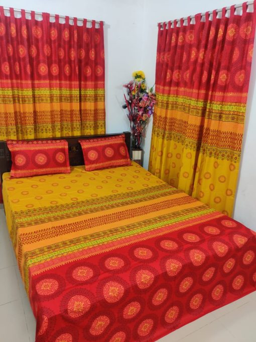 Handblock Pure Cotton Combo Bedroom Set ( 1 Pcs Bedsheet + 4 Pcs Curtains + 2 Pcs Pillow cover + 1 Pcs Kolbalis cover) 176