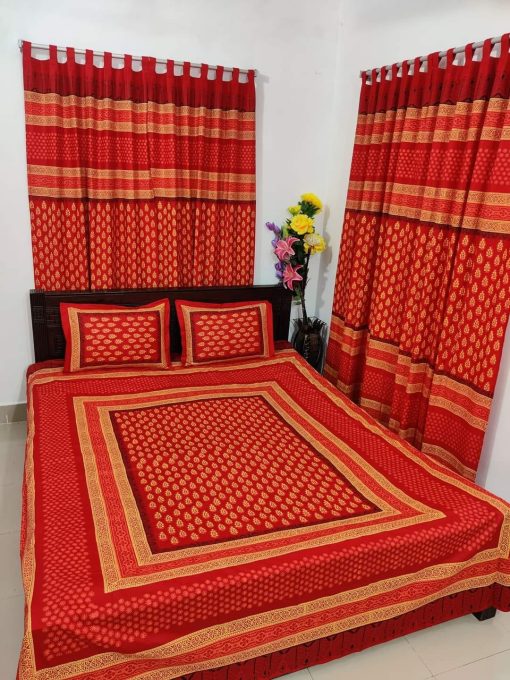 Handblock Pure Cotton Combo Bedroom Set ( 1 Pcs Bedsheet + 4 Pcs Curtains + 2 Pcs Pillow cover + 1 Pcs Kolbalis cover) 178