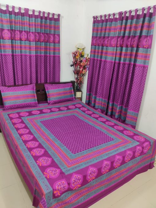 Handblock Pure Cotton Combo Bedroom Set ( 1 Pcs Bedsheet + 4 Pcs Curtains + 2 Pcs Pillow cover + 1 Pcs Kolbalis cover) 179