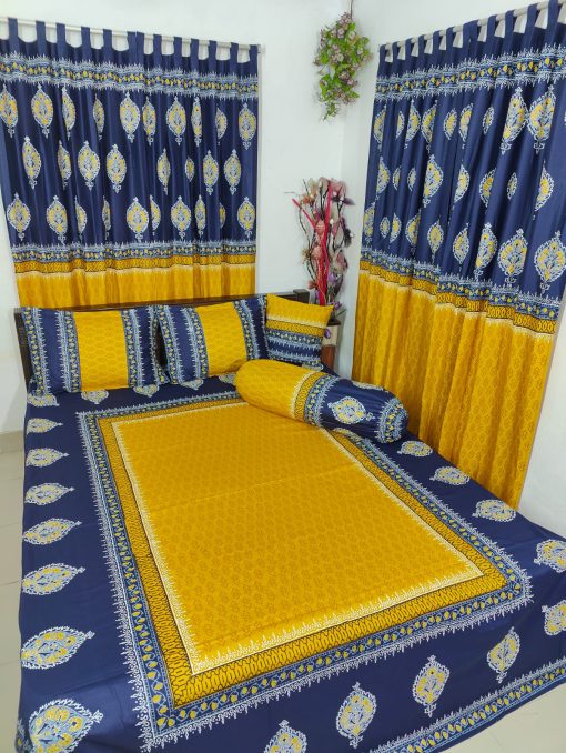 Handblock Pure Cotton Combo Bedroom Set ( 1 Pcs Bedsheet + 4 Pcs Curtains + 2 Pcs Pillow cover + 1 Pcs Kolbalis cover) 193